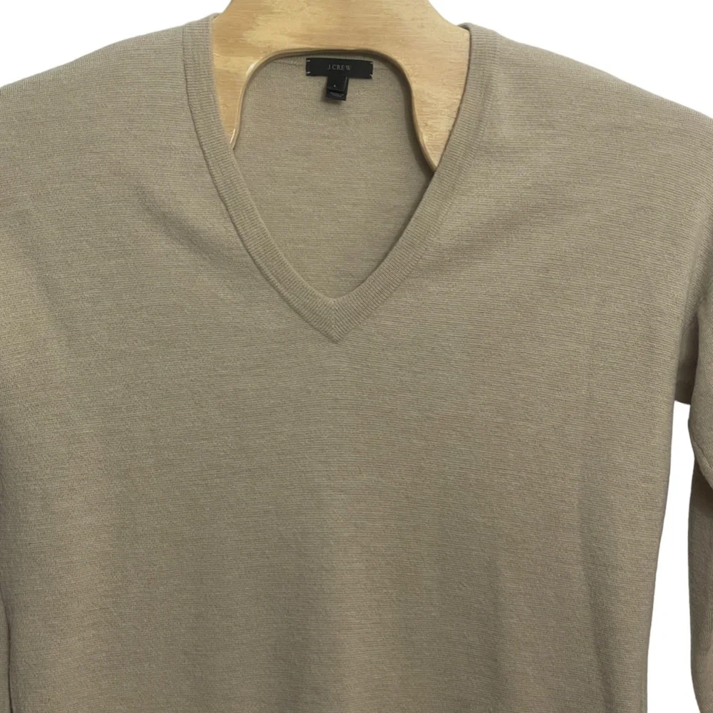 J Crew Womens Large 100% Wool V Neck Beige Sweater‎ 3/4 Sleeve